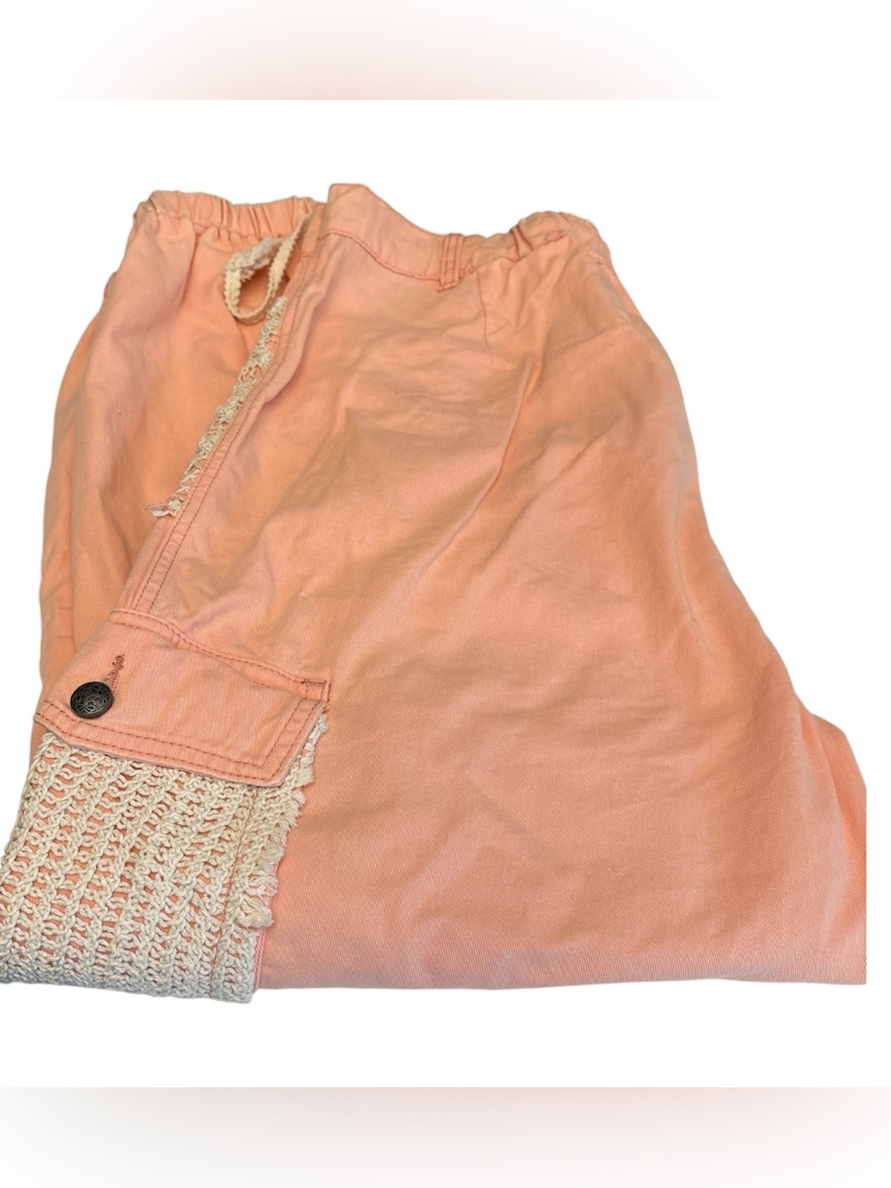 POL Peach Crochet-Trim Joggers Distressed down legs side pockets Sz large NWOT